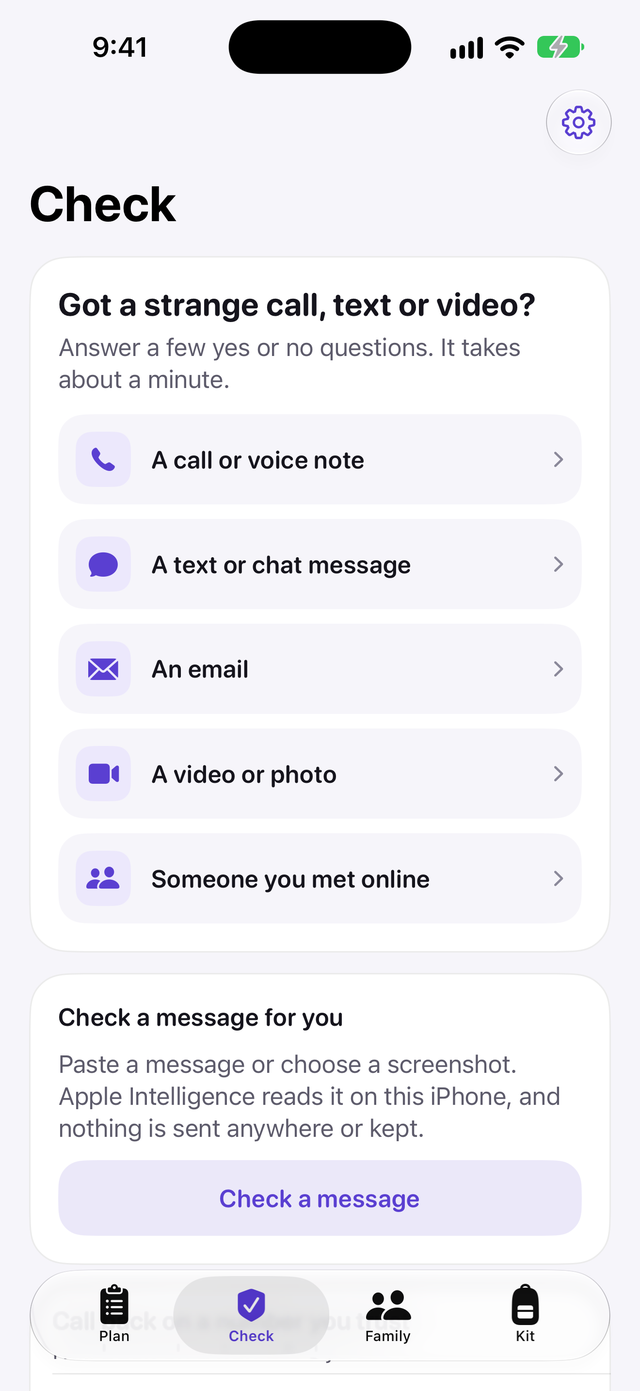 Check screen asking about a strange call, text or video, with choices for a call, a text, an email, a video and someone met online