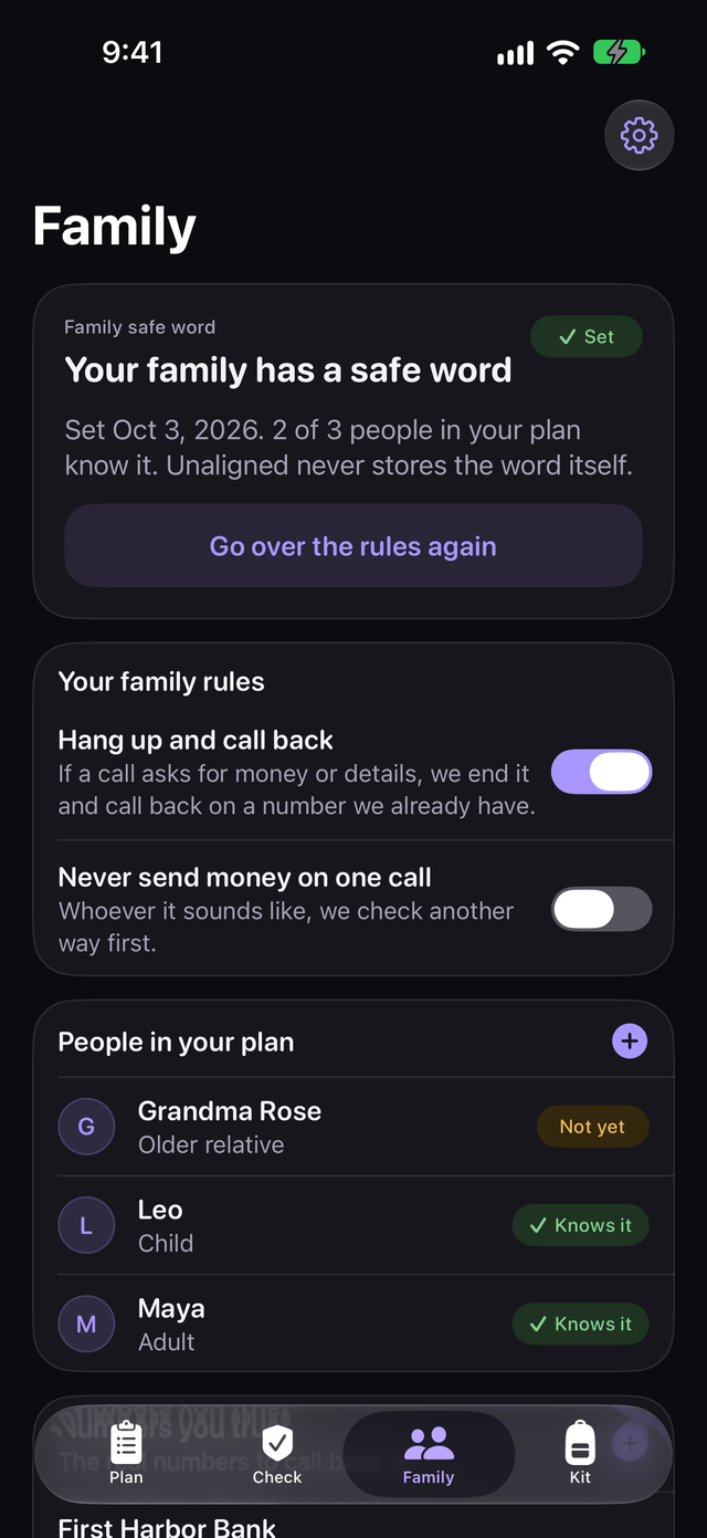 Family screen in dark mode showing the family safe word is set, the hang up and call back rule and the people in the plan