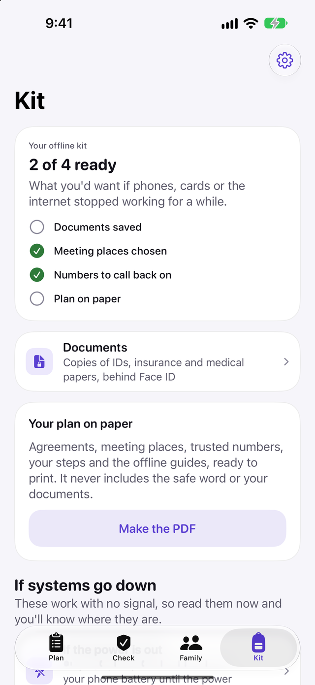 Kit screen with the offline kit checklist, documents behind Face ID, a printable plan and offline guides