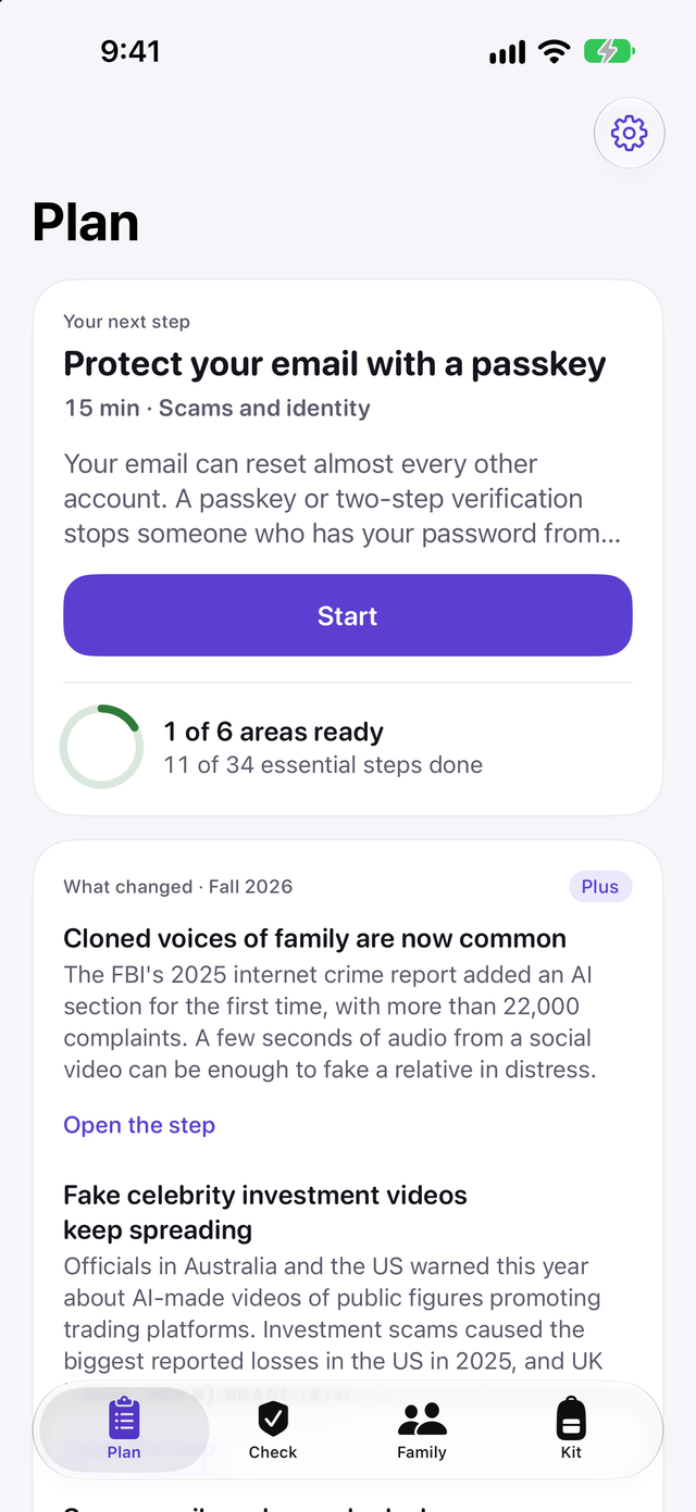 Unaligned Plan screen with the next step, Protect your email with a passkey, 1 of 6 areas ready and a note on cloned voices