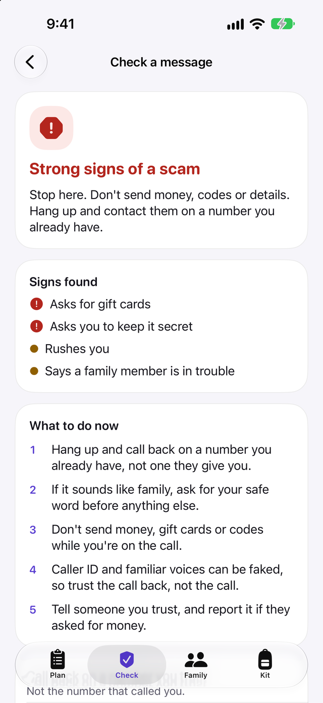 Check a message result showing strong signs of a scam, the signs found and what to do now