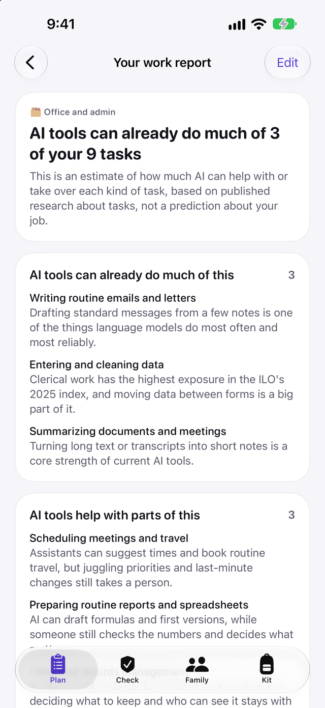 Work report screen estimating which of nine office and admin tasks AI tools can already do or help with